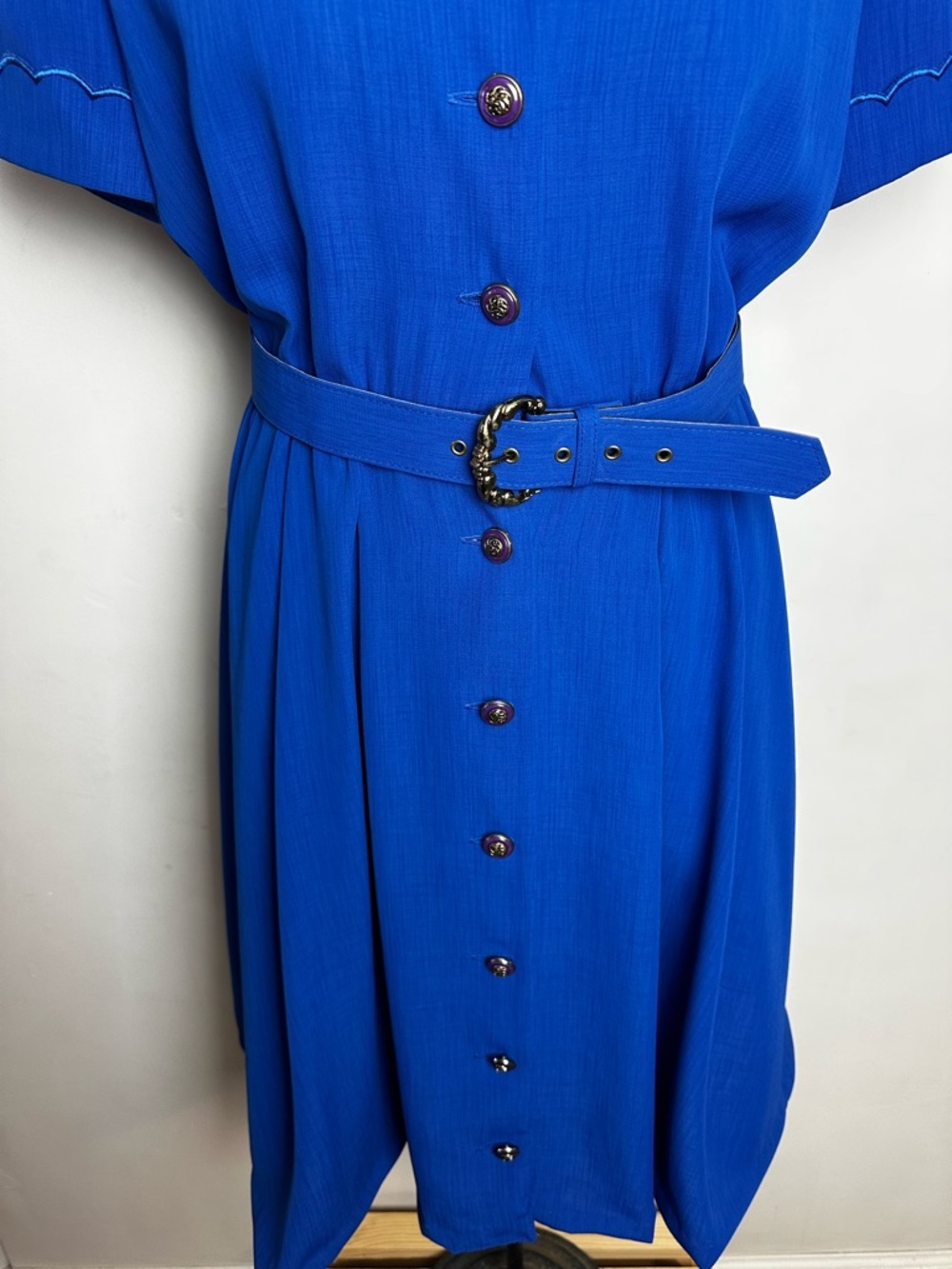 Vintage 80s Leslie Fay Blue Midi Dress with Belt Women's Size 10 Petite Stretch - Picture 3 of 12
